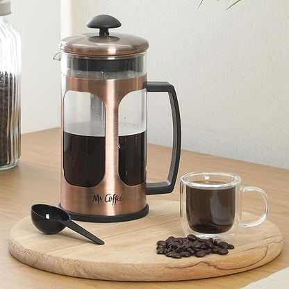 Mr. Coffee Daily Brew French Press Coffee Maker, 30-Ounce Glass Carafe with High Heat Resistant Durable Borasilicate Glass & Copper Metal Frame and Plunger, Includes Coffee Scoop