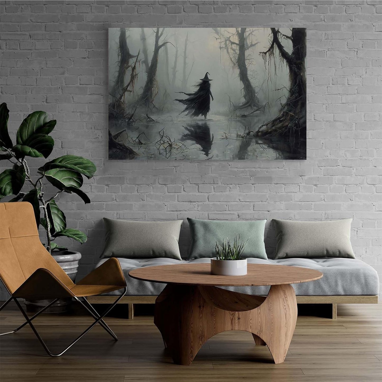 Vintage rustic swamp witch poster dark moody wall art gothic horror season halloween print for home decor retro dark moody painting16x24in Wood Framed