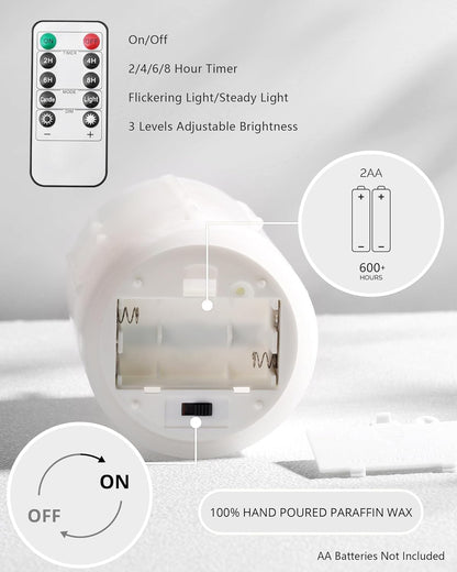 White Flameless Candles with Remote and Timer, Real Wax Made Wax Drip LED Pillar Candles Battery Operated with 3D Flickering Flame Melted Top - 3" x 4", 3" x 5", 3" x 6" - Set of 3