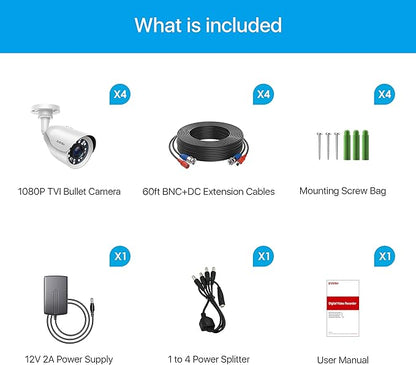 ZOSI 4 Pack HD-TVI 1920TVL 1080p Home Security Camera Outdoor Indoor, Weatherproof Surveillance CCTV Bullet Camera with 80ft Long Night Vision and 90° View Angle