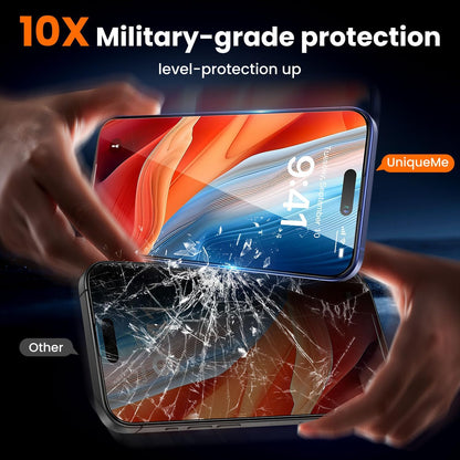 UniqueMe for iPhone 15 Plus / 16 Plus Screen Protector - [Military Grade Shatterproof & 9H+ Hardness] Tempered Glass Full Coverage Protection, Easy Installation, 2 Packs