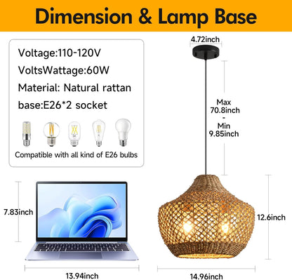 14.96” Rattan Chandelier,2- Light Boho Wicker Pendant Lights, Handmade Woven Suspension Farmhouse Ceiling Fixture for Kitchen Island Bedroom Living Room
