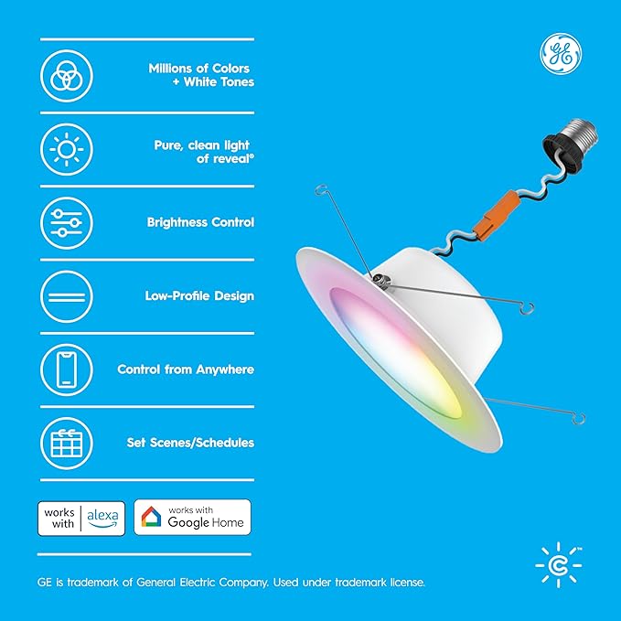 GE Cync Reveal HD+ Smart LED Recessed Downlight Fixture, Color Changing LED Light, Works with Alexa and Google Home, Matter Compatible, Ceiling Light Fixture, 6 Inch (3 Pack)