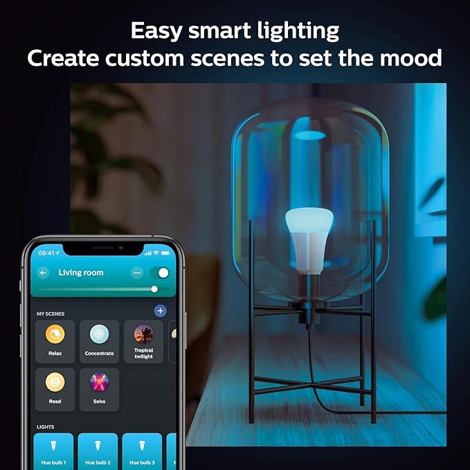 Philips Hue Smart Light Starter Kit - Includes (1) Bridge, (1) Dimmer Switch and (2) A19 LED Bulbs - White and Color Ambiance Color-Changing Light - 800LM - E26 - Control with App or Voice Assistant