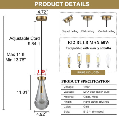 Raindrop Pendant Light Fixtures Set of 3, Brass Glass Pendant Lighting, Teardrops Modern Hanging Light for Entryway Foyer Kitchen Island Dining Living Room Hallway