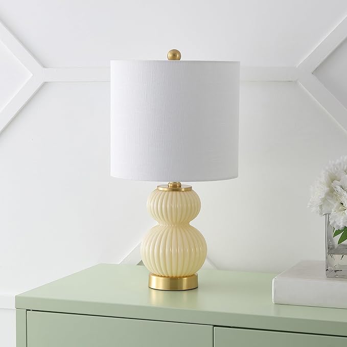 JONATHAN Y 20" Ivory/Brass Gold Ribbed Gourd Glass Table Lamp, Modern Bedside Lamp for Bedroom Living Room, White Linen Drum Shade, LED Bulb Included (JYL1099G)