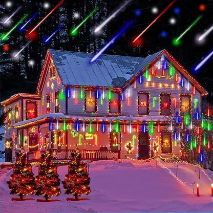 Christmas Lights Outdoor Tree Cascading Icicle Lights 12 inch 8 Tubes Shooting Star Waterfall Meteor Shower Falling Rain Light for Holiday Decorations Wedding Party New Year (Multi Color)