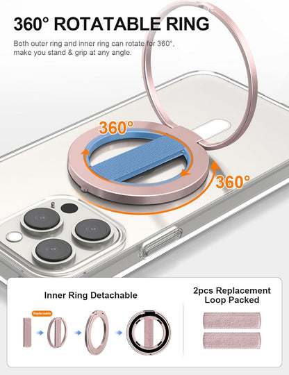 EWA MagOne Ultra Phone Grip Stand with Replaceable Elastic Finger Loop, Removable Magnetic Ring Holder Kickstand Loop, Double-Sided Magnetic Accessories for iPhone 16, 15, 14, 13 Pro/Max/Plus-Roseglod