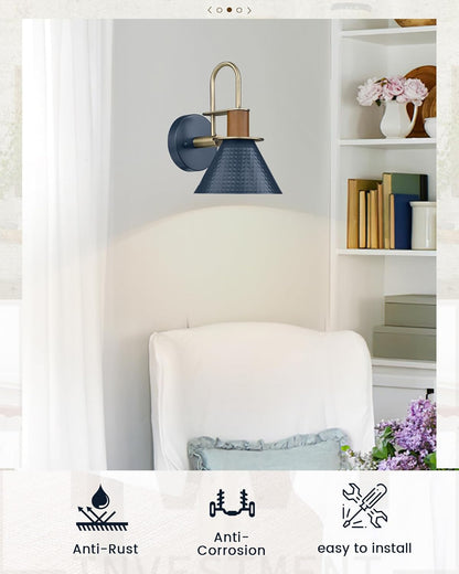 HWH Rustic Wall Sconces, Industrial Sconce Wall Lighting Indoor Wall Lamp, Gooseneck 1-Light Barn Vanity Light for Bathroom Bedroom Bedside, Hammered Metal Shade, Navy Blue Finish, 5HZG74B BL+BG