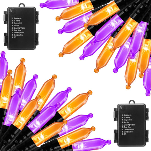 Halloween Orange Purple Outdoor Lights，17.8 Feet 50 LED Christmas Lights with 8 Modes，Waterproof Mini String Lights Battery Operated for Outdoor Indoor Use, Xmas Halloween Tree Holiday Party Patio