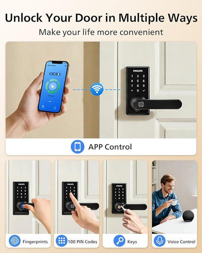 Philips Wi-Fi Smart Door Lock with Handle, Keyless Entry Door Lock for Front Door Lock Set with App Remote Control, Fingerprint Door Handle Lock, Touchscreen Keypad Lever Lock Front Door Handle
