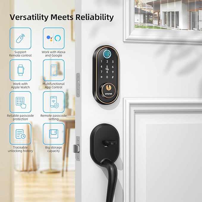 Smart Keyless Entry Door Lock - Fingerprint Electronic Deadbolt Touchscreen Keypad SMONET Biometric Digital Bluetooth Door Lock Smart Deadbolt Compatible with Alexa for Homes and Hotel