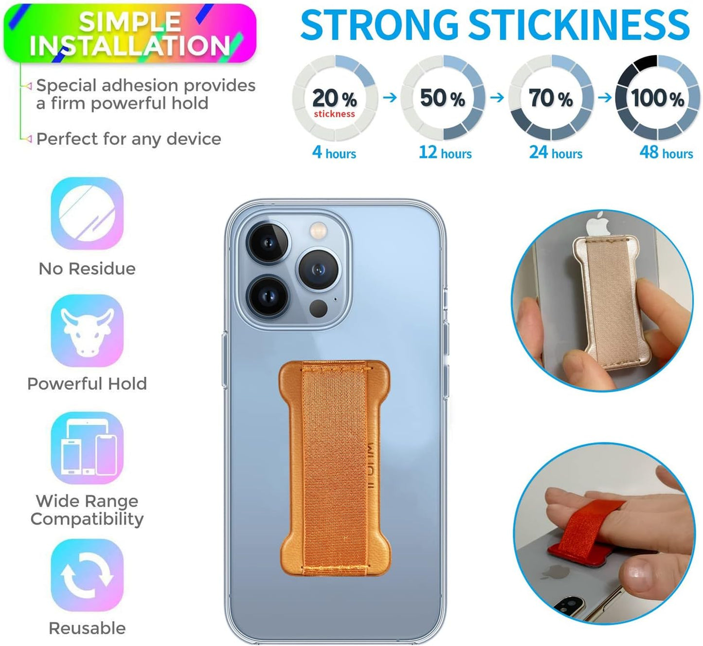 Phone Grip Holder for Hand, Universal Finger Strap Phone Holder, Finger Selfie Grip Compatible with Most Smartphones (Light Brown) - 2Pack