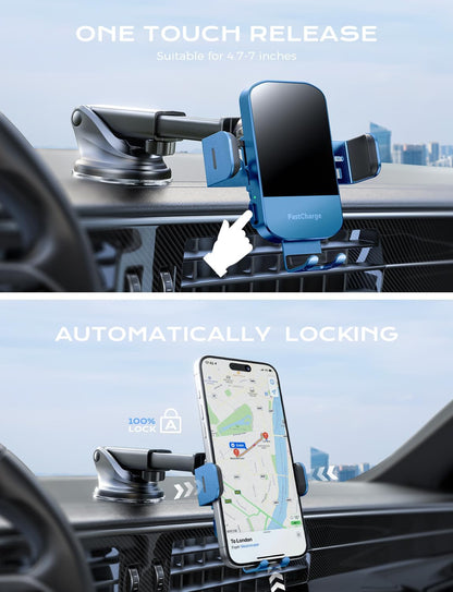 CHGeek Wireless Car Charger, 15W Fast Charging Auto Clamping Car Charger Phone Mount Phone Holder fit for iPhone 15 14 13 12 11 Pro Max Xs, Samsung Galaxy S25 Ultra S24 S23 S22, S21, S20, Blue