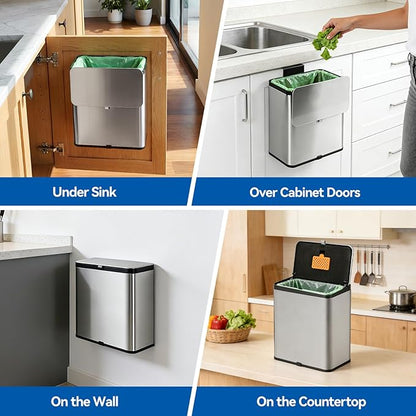 Compost Bin Kitchen, 2.1 Gallon Stainless Steel Trash Can with Lid for Countertop or Under Sink, Hanging Small Trash Bin, Removable Inner Bucket, Built-in Charcoal Filter, 60 Compostable Garbage Bags