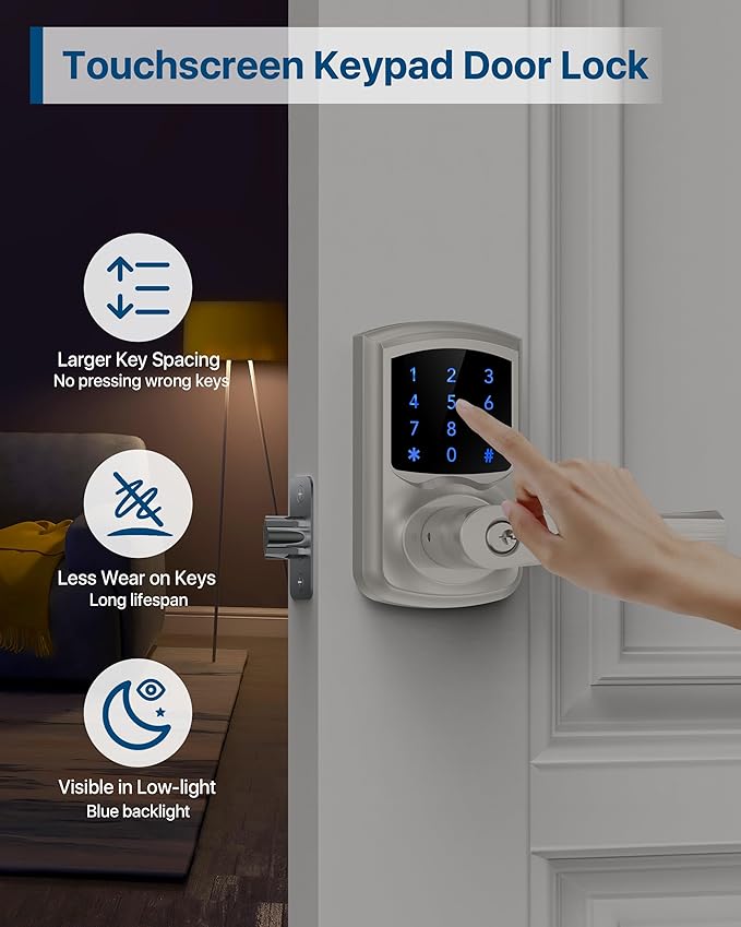 HIDALIFE Keyless Entry Door Lock with Keypad and Handle for Front Doors, Touchscreen, Anti-peep Password, Auto-Locking, Satin Nickel 4 Pack