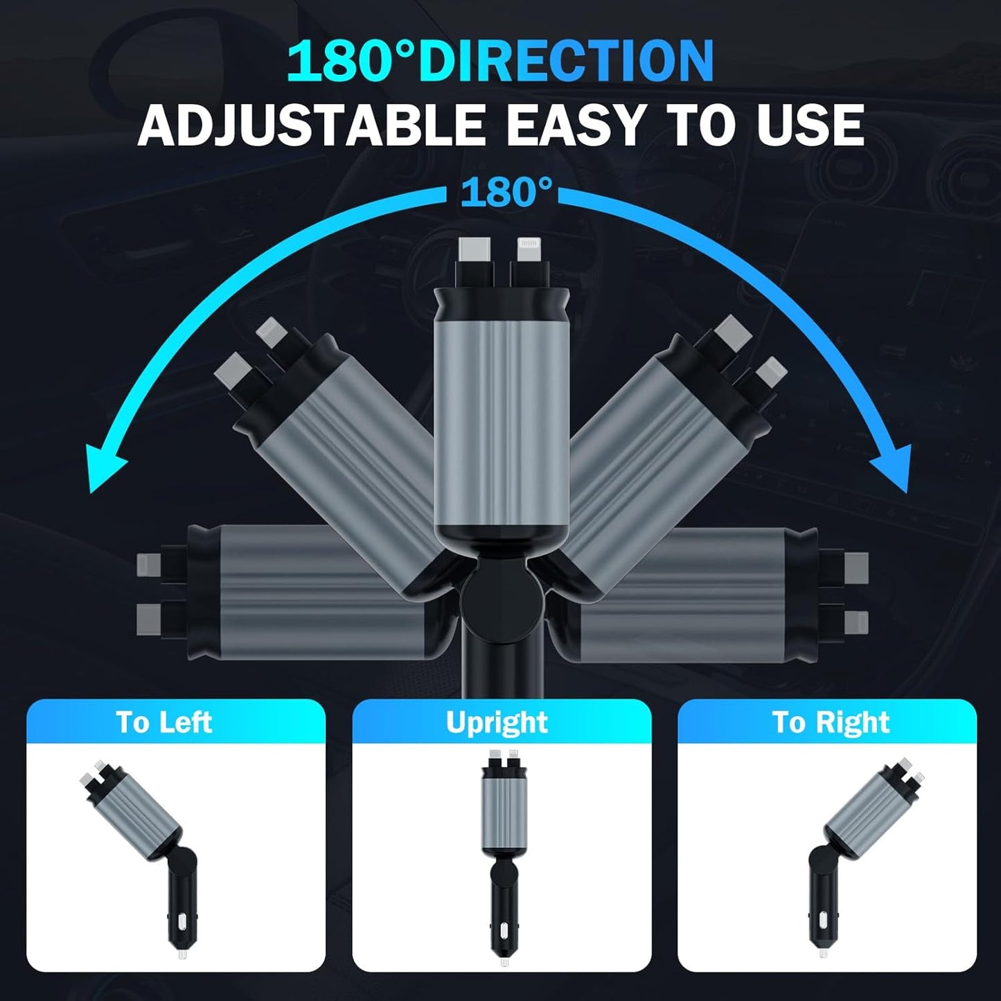 Car Charger with Starlight, 66W USB C Fast Car Chargers Adapter, 4 in 1 Retractable Car Charger with 2 USB Ports Car Phone Chargers for iPhone 16/15/14/13/12/11 and for Android (Dark Grey)