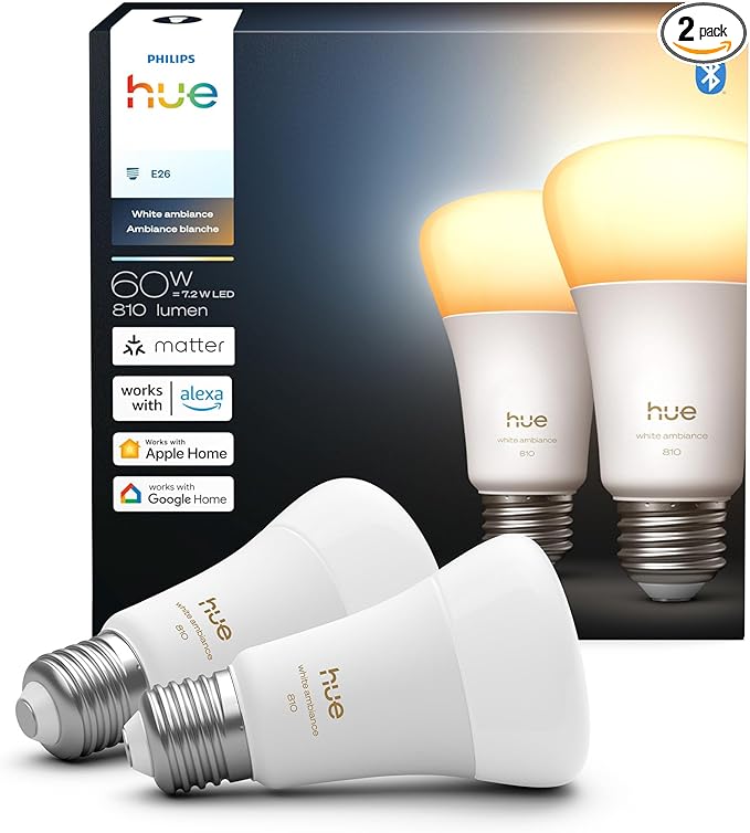 Philips Hue Smart LED A19 Bulb, White Ambiance, E26 Base, 7.2W, Full Spectrum Light 1000K-20000K, 810 Lumens, Dimmable, Works with Alexa, Google, and Apple Home, 2pk