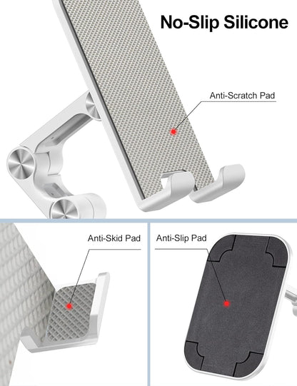 OCYCLONE Phone Stand, Adjustable Height and Angle Foldable Cell Phone Stand Holder for Desk, Taller iPhone Stand Compatible with 4.7"-13" Smartphones iPad Tablet, White