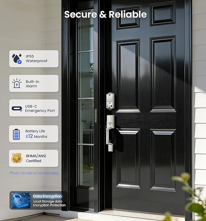 Veise VE017 Fingerprint Smart Door Lock, App Control, 8-in-1 Keyless Entry, Auto Lock, Emergency Power Port, Electronic Touchscreen Keypad, Biometric Smart Locks for Front Door, Satin Nickel