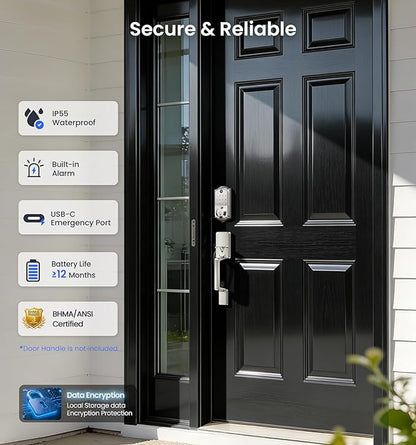 Veise VE017 Fingerprint Smart Door Lock, App Control, 8-in-1 Keyless Entry, Auto Lock, Emergency Power Port, Electronic Touchscreen Keypad, Biometric Smart Locks for Front Door, Satin Nickel