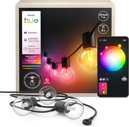 Philips Hue Festavia Globe Outdoor String Lights, White & Color Ambiance, 22ft,8 Bulbs, Dimmable, Control with Hue App or Voice, Bridge Required