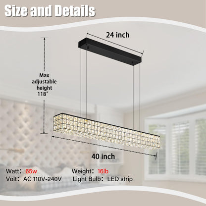 Rectangle Crystal Chandelier Modern Crystal Chandelier Black Rectangular Pendant Lighting Fixture for Dining Room Kitchen Island Bedroom (L 40")