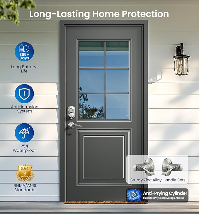 Veise Keyless Entry Door Lock with 2 Lever Handles - Electronic Keypad Deadbolt, Auto Lock, Back Lit & Easy Installation Design, Front Door Handle Sets, Satin Nickel
