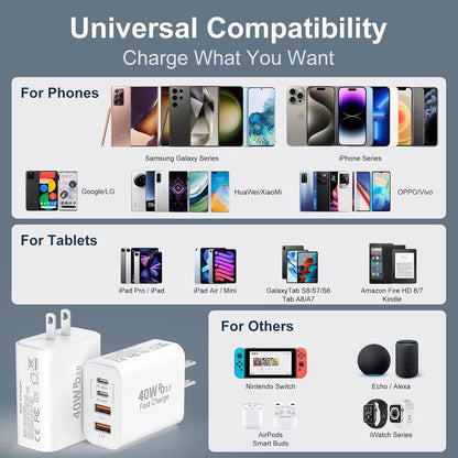 USB C Fast Wall Charger Block, 2Pack 40W USBC Charging Cubes, 4-Port PD+QC Power Adapter Multiport Brick Type C Box Plug for Phone 16/15/14/13/12/11/Pro Max/Plus, Pad Mini/Pro/S25/S24