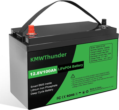 12V 100Ah LiFePO4 Lithium Battery, Built-in Smart BMS, Low Temperature Protection Group Deep Cycle Battery for Trolling Motor, RV, Solar, Marine, Camping and Off Grid Applications