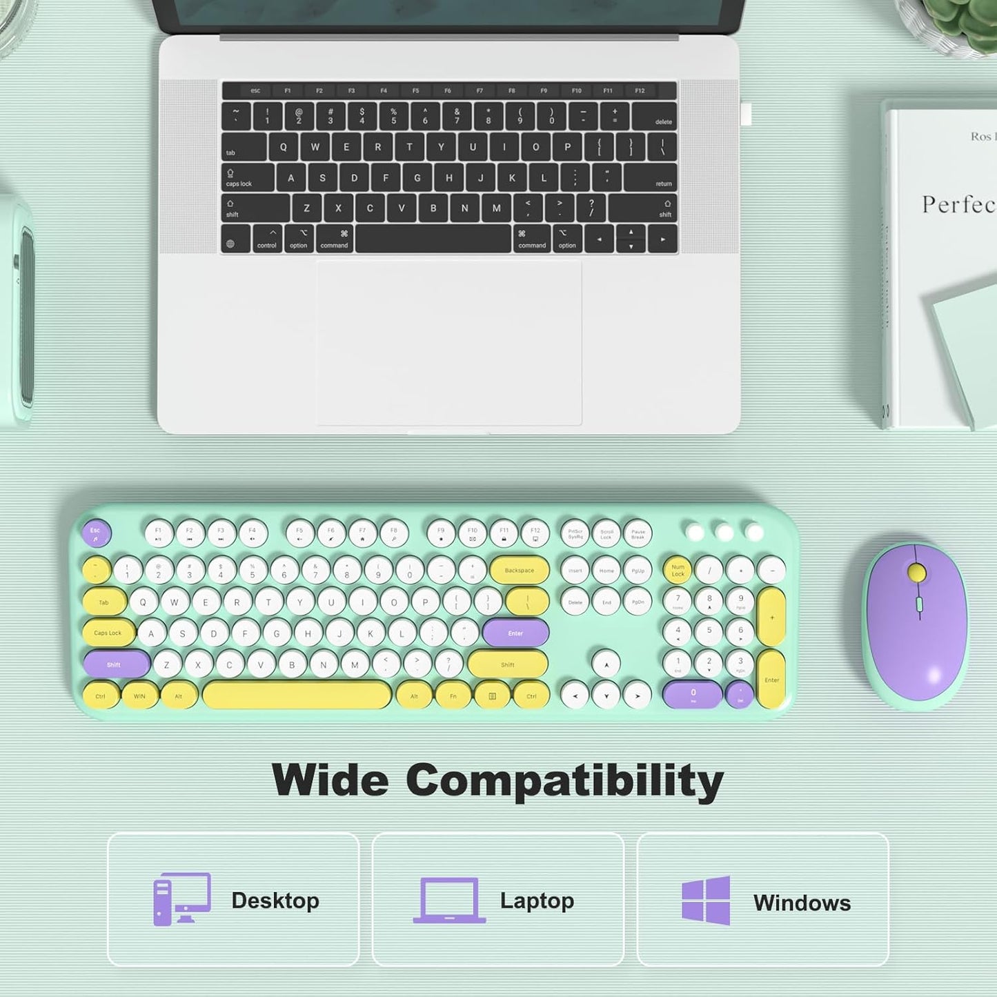 KNOWSQT Wireless Keyboard and Mouse Combo - Lovely Tiffany Blue Rainbow Full-Sized Typewriter Colorful Keyboards, Round Keycap Plug Play Retro Cute Keyboards for Windows, Laptop, PC, Desktop, Computer