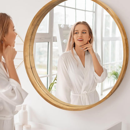 36" Bathroom Mirror, Round Wall Mirror with Wood Frame, Farmhouse Mirror for Wall Decor, Wall-Mounted Mirror for Bedroom, Living Room, Wood