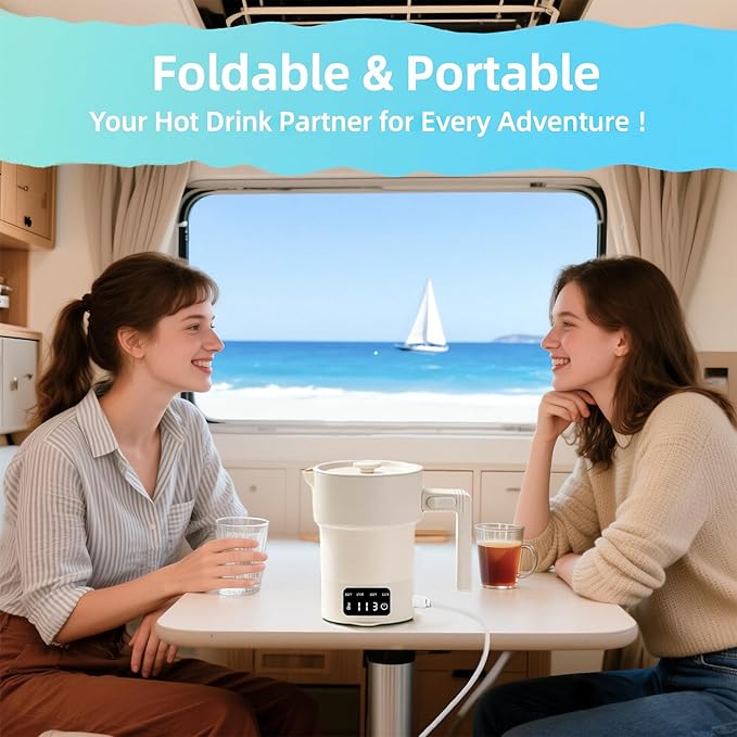 Portable Electric Kettle-600ML Collapsible Electric Kettle，600W Travel Water Boiler with 4-Temp Presets, Food Grade Silicone for Camping,Hotel, Office