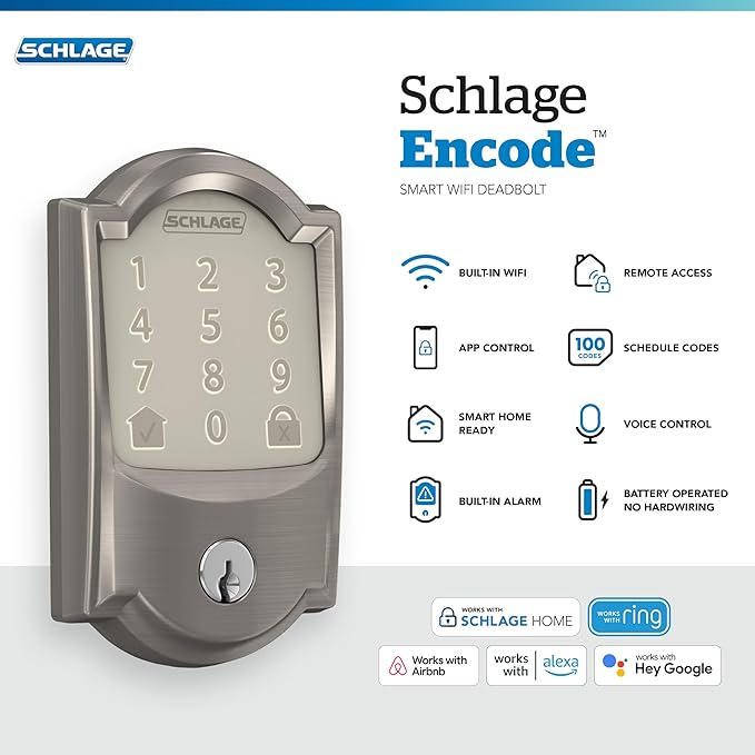Schlage Encode Smart WiFi Deadbolt Lock for Front Door - Keyless Entry with App or Touchscreen - Works with Alexa, Hey Google, & Airbnb - Create Codes for Guests - Satin Nickel