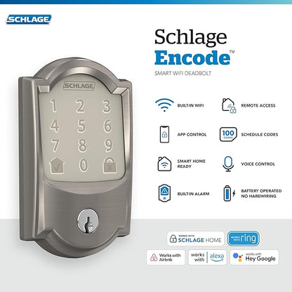 Schlage Encode Smart WiFi Deadbolt Lock for Front Door - Keyless Entry with App or Touchscreen - Works with Alexa, Hey Google, & Airbnb - Create Codes for Guests - Satin Nickel