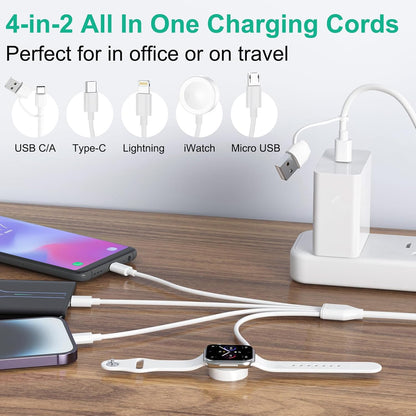 Multi Charging Cable 4 in 2 for Apple Watch Charger i-Phone, Travel 4 in 2 Watch & Phone Charger with iOSPorts/Type C/Micro USB Port Compatible with iWatch/iPhone 16 15/Galaxy Android-6FT