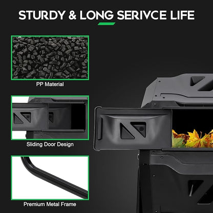 F2C Compost Bin Outdoor 43 Gallon Garden Dual Chamber Composter Bin - Bundled with Pearson's Gardening Gloves, BPA Free, Heavy-Duty Steel Frame, Rotating Tumbler with Sliding Doors -Black