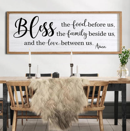 Bless the Food Before Us, the Family Beside Us, and the Love between us Framed Wall Art for Dining Room, 40''×15'' Holy Positive Religious Rustic Bible Verse for Christian God Jesus Christ Prayer