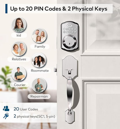 TEEHO TK001H Keyless Entry Door Lock with Handle Set, Electronic Deadbolt Keypad Door Lock with Code, Smart Locks for Front Door, Exterior Door Handle, Auto-Lock, Easy to Install, Satin Nickel