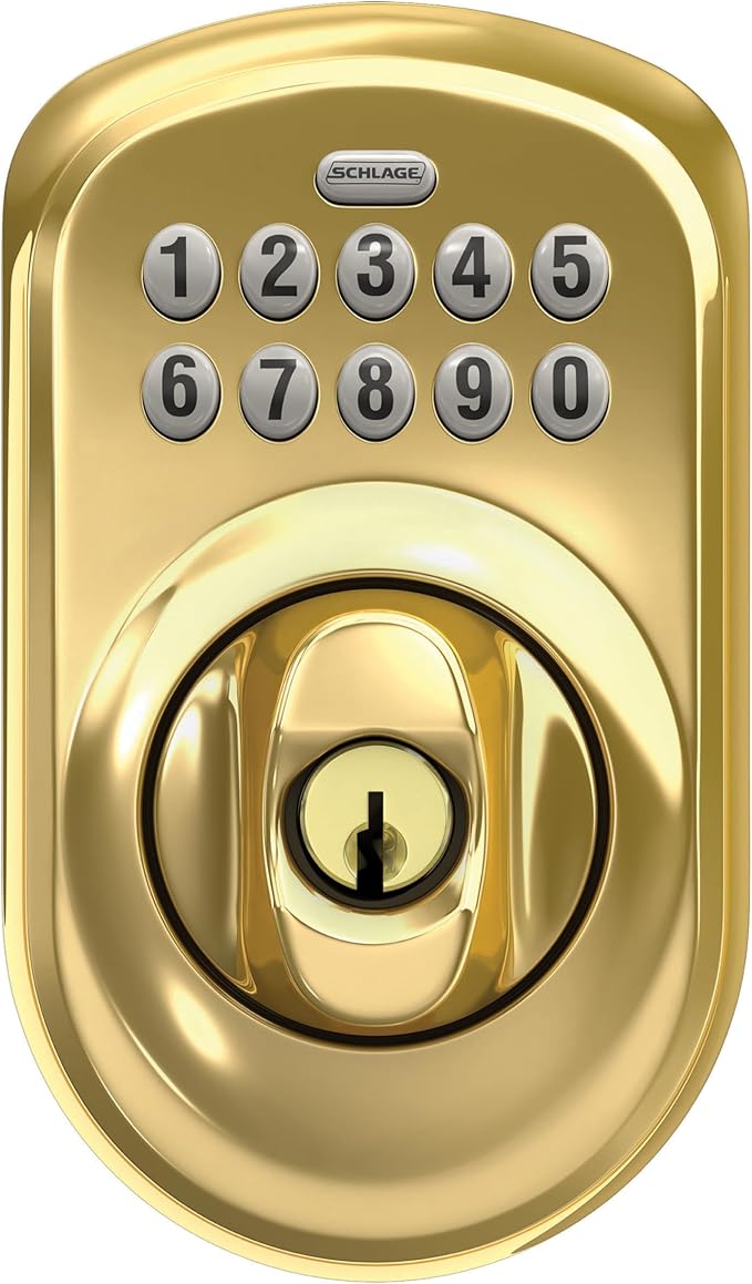 Schlage BE365 V PLY 505 Plymouth Keypad Deadbolt, Electronic Keyless Entry Lock, Bright Brass