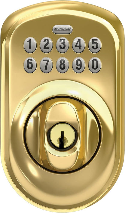 Schlage BE365 V PLY 505 Plymouth Keypad Deadbolt, Electronic Keyless Entry Lock, Bright Brass