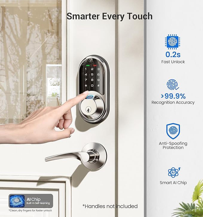 Veise RZ07 Fingerprint Smart Lock, 7-in-1 Smart Locks for Front Door, Keyless Entry Door Lock with App Control, Biometric Electronic Touchscreen Keypad Deadbolt, Satin Nickel