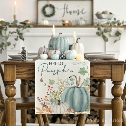 Artoid Mode Aqua Hello Pumpkin Leaves Fall Table Runner, Seasonal Autumn Kitchen Dining Table Decoration for Home Party Decor 13x90 Inch