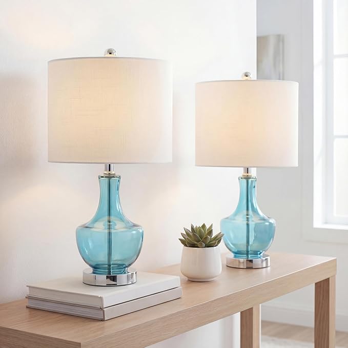 JONATHAN Y 20" Amalfi Blue Glass Mini Table Lamp, Modern Bedside Lamp for Bedroom, White Linen Drum Shade, Teardrop Glass Base, LED Bulb Included, UL Listed (JYL1029C-SET2)