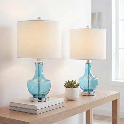 JONATHAN Y 20" Amalfi Blue Glass Mini Table Lamp, Modern Bedside Lamp for Bedroom, White Linen Drum Shade, Teardrop Glass Base, LED Bulb Included, UL Listed (JYL1029C-SET2)