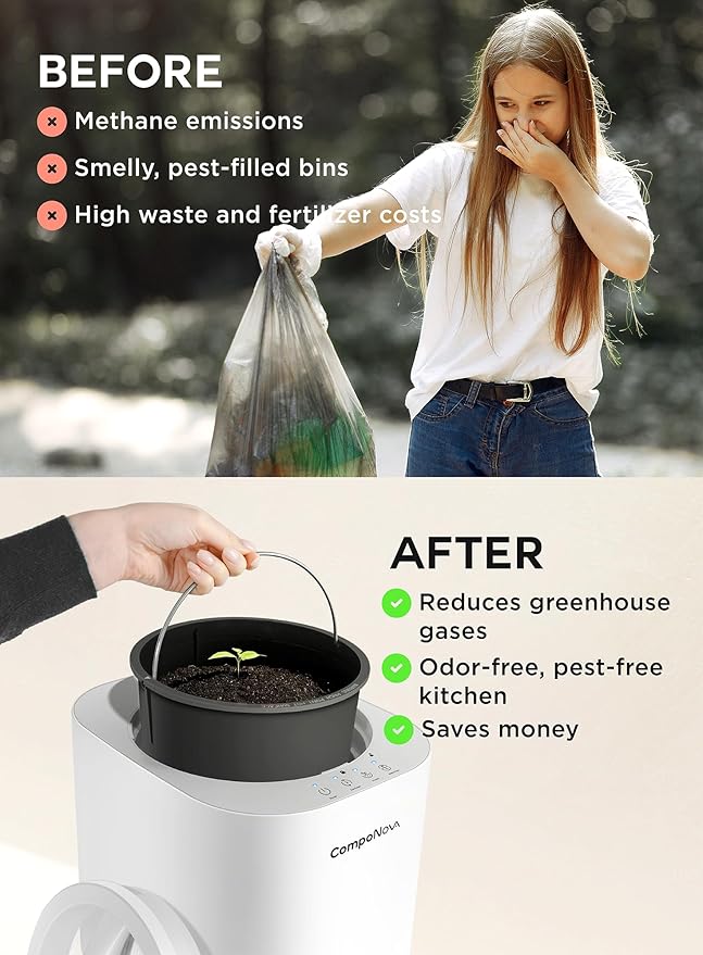 4L COMPONOVA Electric Composter for Kitchen, Countertop Compost Bin, Smart Mill Composter Home Indoor Fertilizer Machine Odorless, Turn Waste to Pre-Compost for Plants (White)