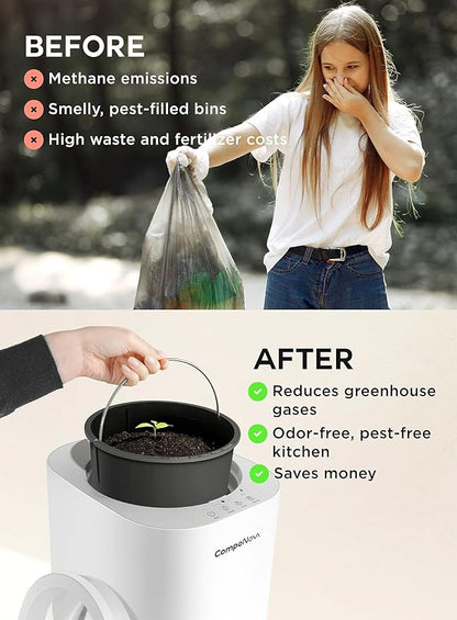 4L COMPONOVA Electric Composter for Kitchen, Countertop Compost Bin, Smart Mill Composter Home Indoor Fertilizer Machine Odorless, Turn Waste to Pre-Compost for Plants (White)