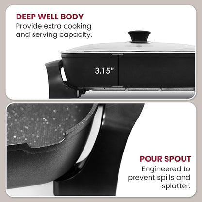 Elite Gourmet EG-6203# Extra Deep 16"x13"x3.2" (10.5Qt.) Scratch Resistant, Easy Pour Spout Dishwasher Safe, Non-stick Electric Skillet with Glass Vented Lid, Adjustable Temperature, Black