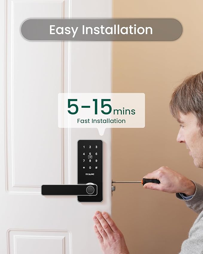 DESLOC B200L Fingerprint Smart Lock with Handle, Keyless Entry Door Locks for Front Door and Bedrooms, App Control, Touchscreen Keypad, Auto-Lock, 12-Month Battery, Emergency Power Port, IP54 Silver