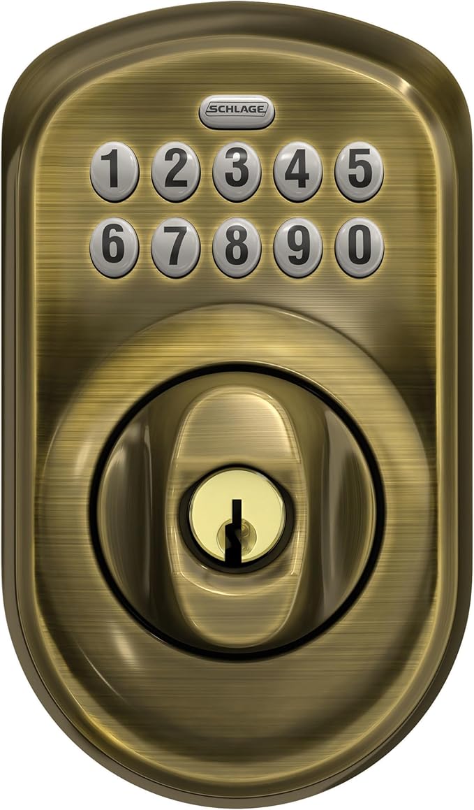 Schlage BE365 V PLY 609 Plymouth Keypad Deadbolt, Electronic Keyless Entry Lock, Antique Brass